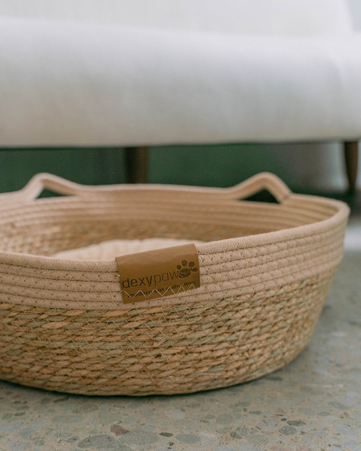 Neutral Cat Basket Bed with Cozy Pillow Insert